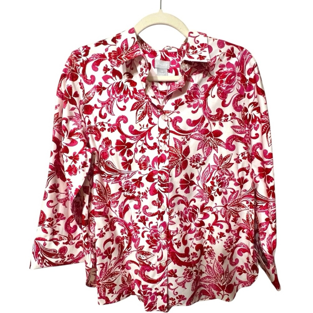 Chico’s No Iron Blouse Shirt Button Chic Stretch Floral Print Red Pink 1P 8P
